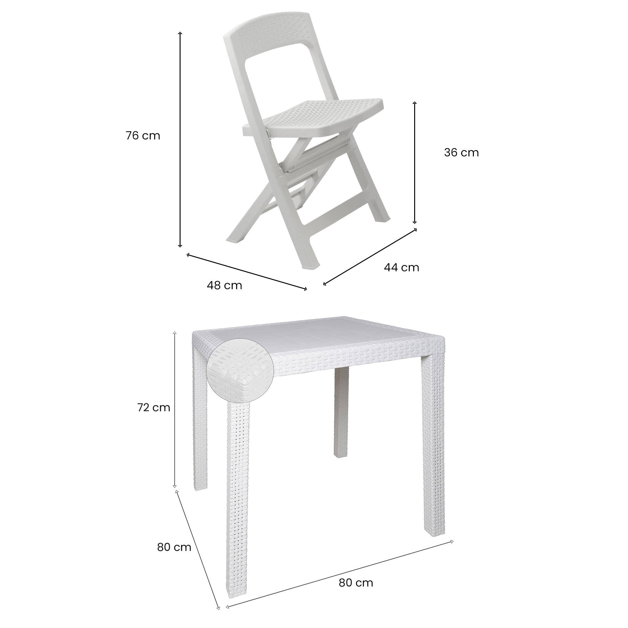 Set salotto da esterno Sanzeno, Salottino outdoor o indoor, Tavolo quadrato con 2 sedie pieghevoli, Made in Italy, Bianco