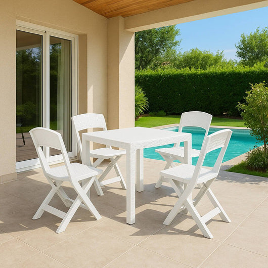 Set salotto da esterno Sanzeno, Salottino outdoor o indoor, Tavolo quadrato con 2 sedie pieghevoli, Made in Italy, Bianco