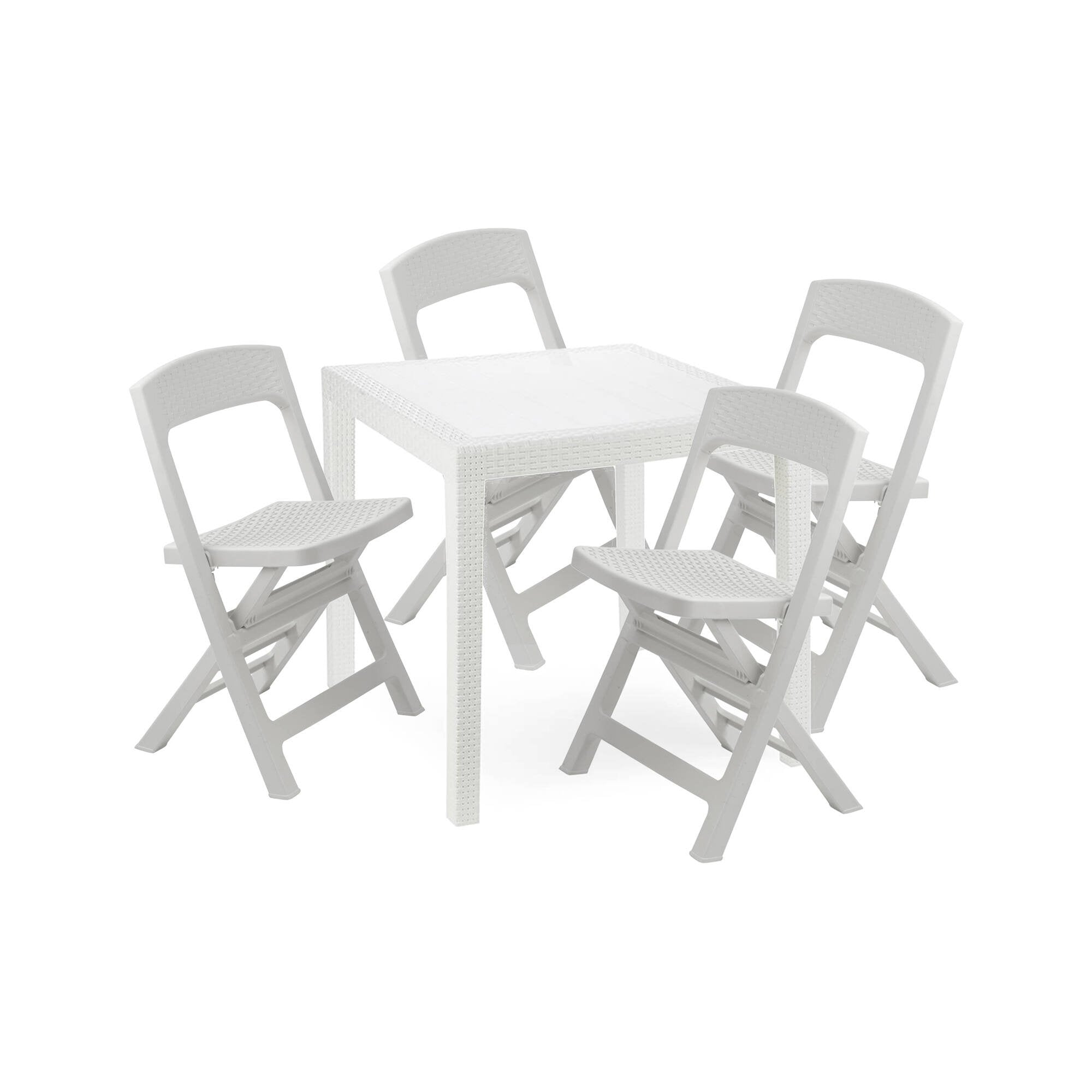 Set salotto da esterno Sanzeno, Salottino outdoor o indoor, Tavolo quadrato con 2 sedie pieghevoli, Made in Italy, Bianco