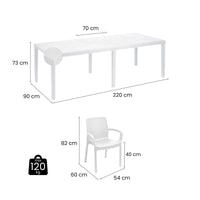 Set tavolo e sedie Cortanze, Salottino indoor, Tavolo rettangolare allungabile con 4 sedie con braccioli, Made in Italy, Bianco