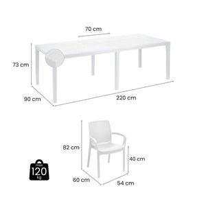 Set tavolo e sedie Cortanze, Salottino indoor, Tavolo rettangolare allungabile con 4 sedie con braccioli, Made in Italy, Bianco