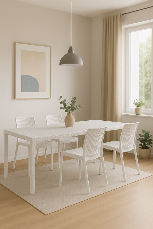 Set tavolo e sedie Cortanze, Salottino indoor, Tavolo rettangolare allungabile con 4 sedie con braccioli, Made in Italy, Bianco