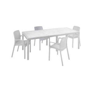 Set tavolo e sedie Cortanze, Salottino indoor, Tavolo rettangolare allungabile con 4 sedie con braccioli, Made in Italy, Bianco