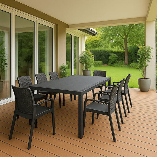 Set salotto da esterno Arret, Salottino outdoor, Tavolo rettangolare allungabile con 8 sedie con braccioli, Made in Italy, Antracite