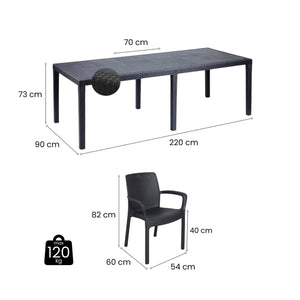 Set tavolo e sedie Cortanze, Salottino indoor, Tavolo rettangolare allungabile con 8 sedie con braccioli, Made in Italy, Antracite