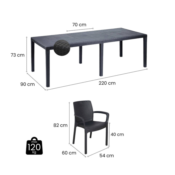 Set tavolo e sedie Cortanze, Salottino indoor, Tavolo rettangolare allungabile con 8 sedie con braccioli, Made in Italy, Antracite