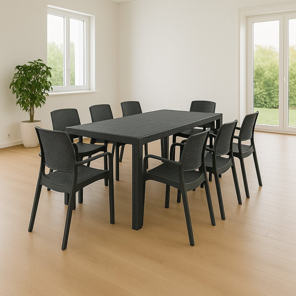 Set tavolo e sedie Cortanze, Salottino indoor, Tavolo rettangolare allungabile con 8 sedie con braccioli, Made in Italy, Antracite
