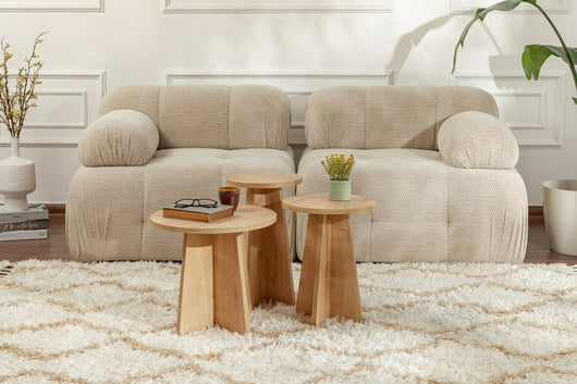 Set di 3 tavolini da salotto Amren, Tavolo basso da caffè, Portariviste per divano, Ripiano da soggiorno, 43x43 h48 cm, Quercia