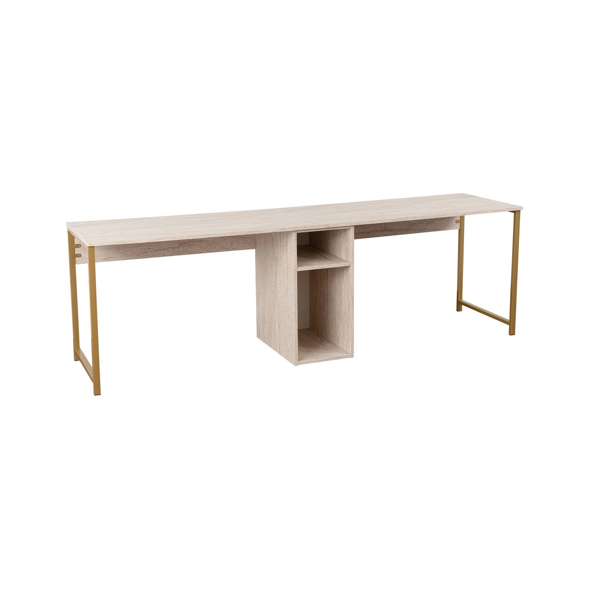 Scrivania Violet, Scrittoio multiuso, Tavolo per ufficio porta PC, Piano di lavoro, 240x60 h74 cm, Beige e Oro