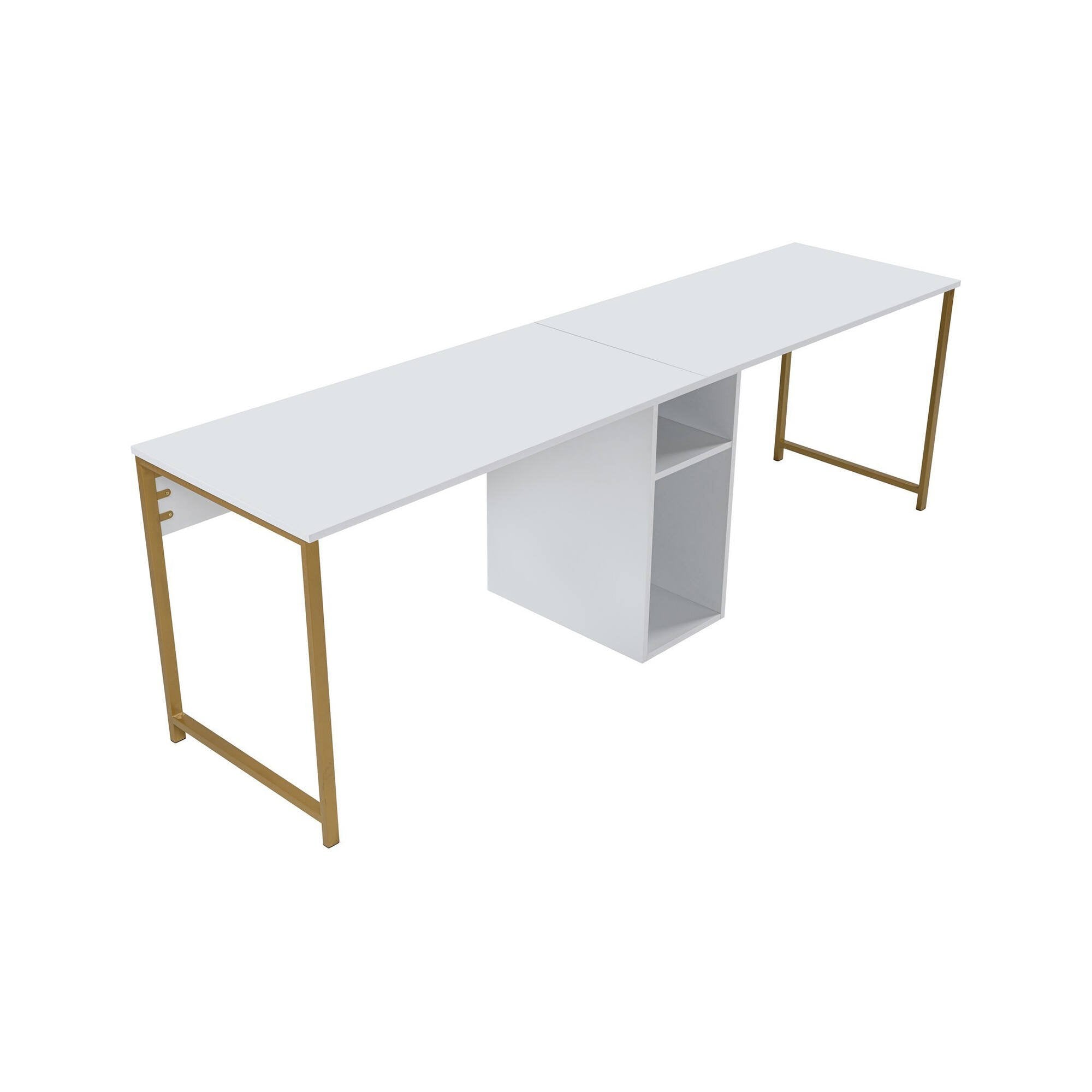 Scrivania Violet, Scrittoio multiuso, Tavolo per ufficio porta PC, Piano di lavoro, 240x60 h74 cm, Bianco e Oro