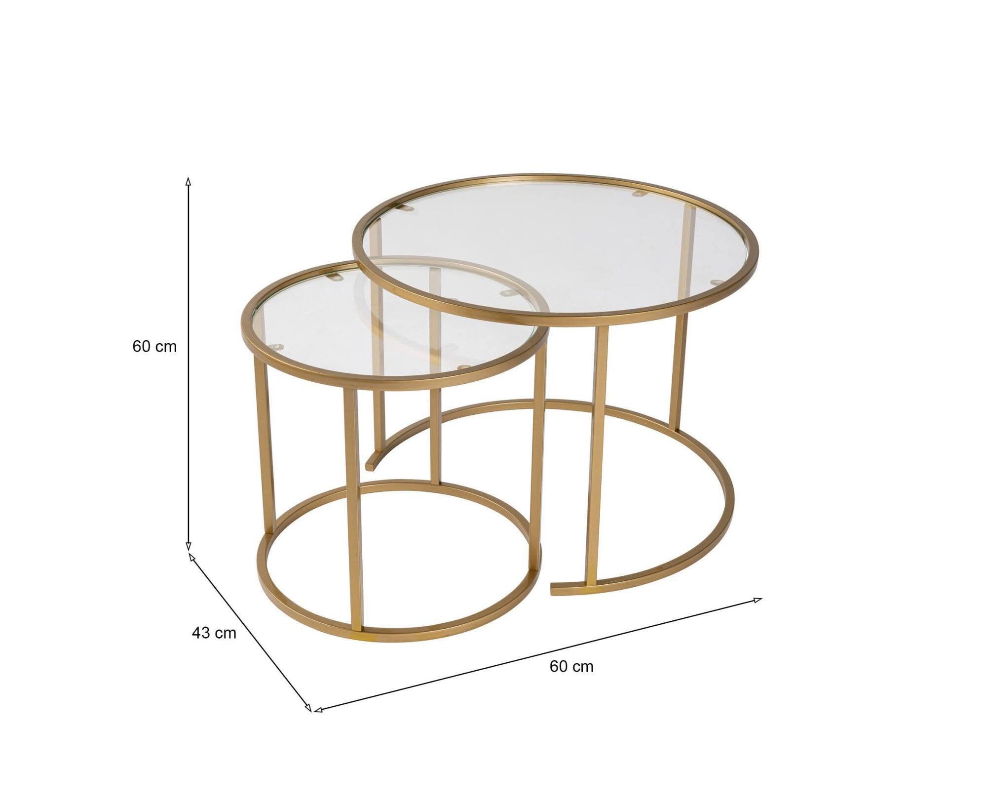 Set di 2 tavolini da salotto Xaden, Tavolo basso da caffè, Portariviste per divano, Ripiano da soggiorno, 60x60 h43 cm, Oro e Trasparente
