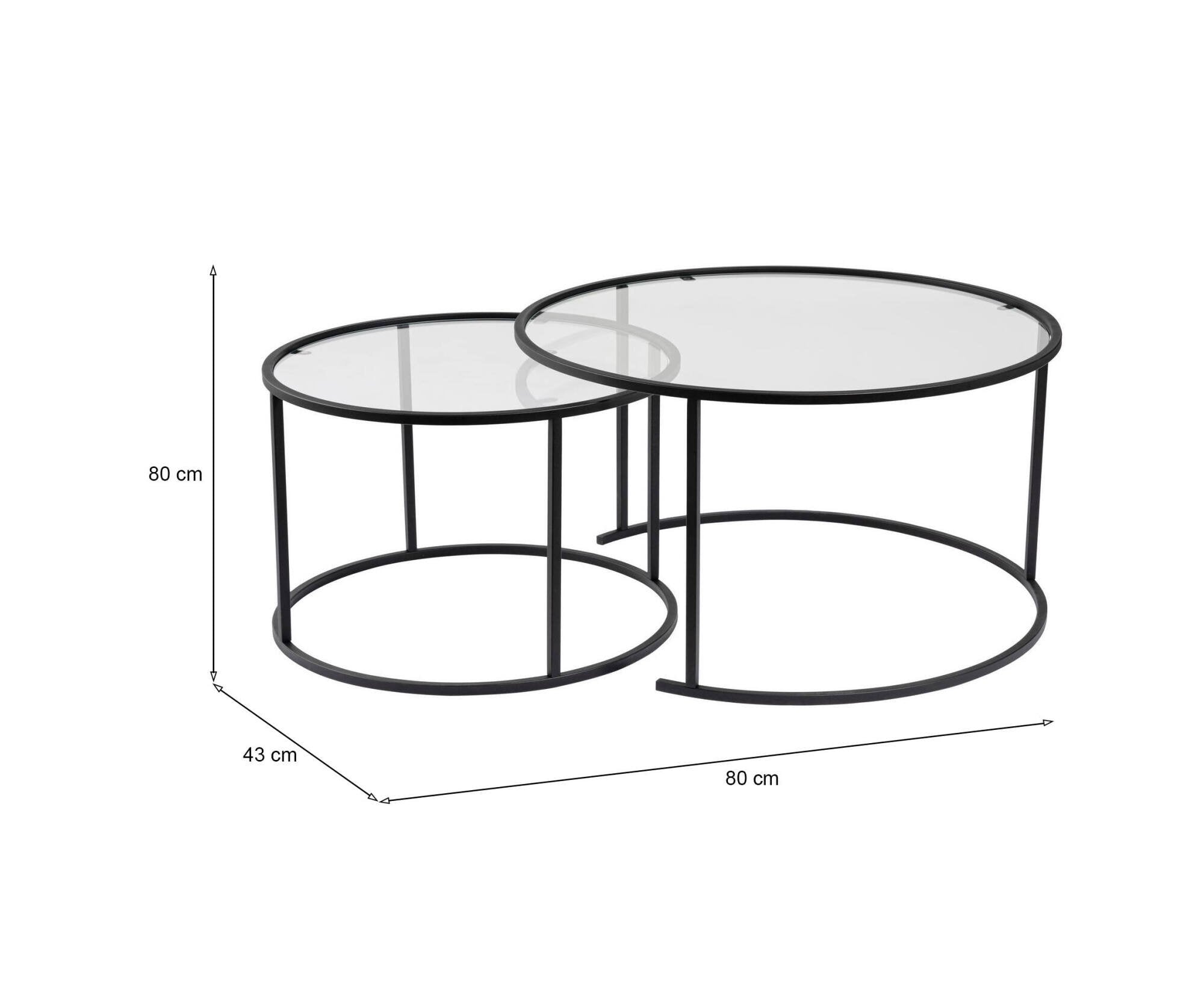 Set di 2 tavolini da salotto Aedion, Tavolo basso da caffè, Portariviste per divano, Ripiano da soggiorno, 80x80 h43 cm, Nero e Trasparente