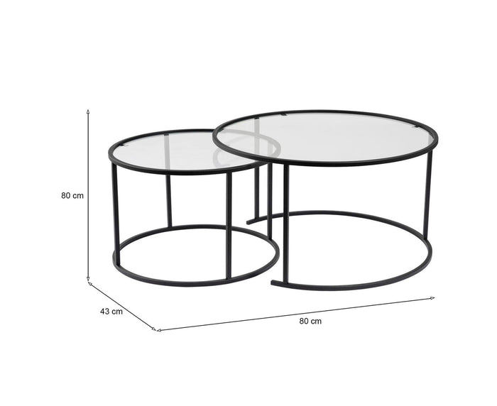 Set di 2 tavolini da salotto Aedion, Tavolo basso da caffè, Portariviste per divano, Ripiano da soggiorno, 80x80 h43 cm, Nero e Trasparente