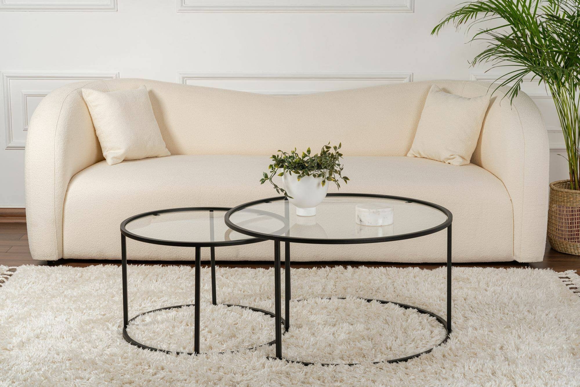 Set di 2 tavolini da salotto Aedion, Tavolo basso da caffè, Portariviste per divano, Ripiano da soggiorno, 80x80 h43 cm, Nero e Trasparente