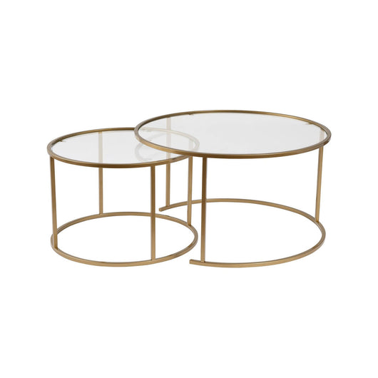 Set di 2 tavolini da salotto Aedion, Tavolo basso da caffè, Portariviste per divano, Ripiano da soggiorno, 80x80 h43 cm, Oro e Trasparente