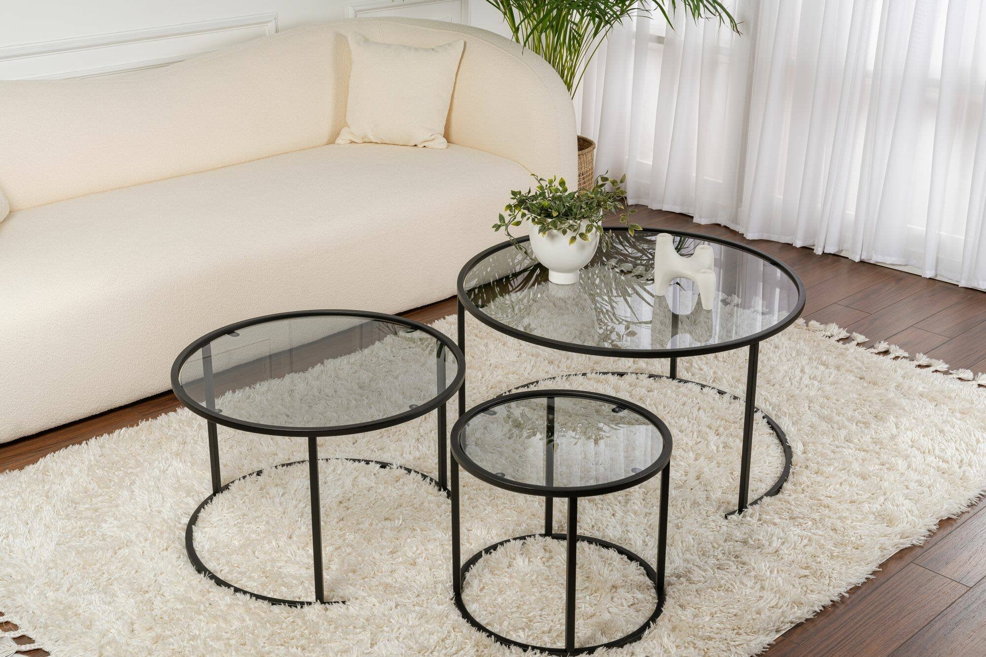 Set di 3 tavolini da salotto Rowan, Tavolo basso da caffè, Portariviste per divano, Ripiano da soggiorno, 80x80 h43 cm, Nero e Grigio