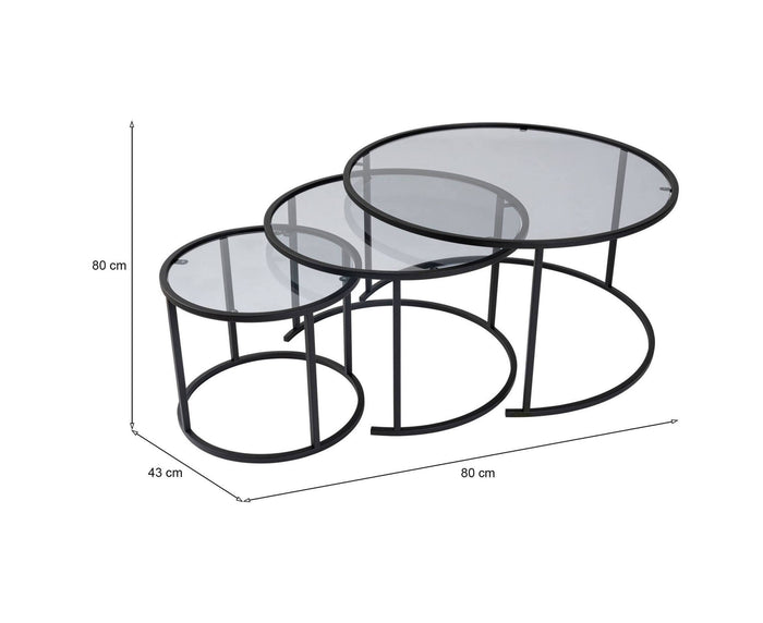 Set di 3 tavolini da salotto Rowan, Tavolo basso da caffè, Portariviste per divano, Ripiano da soggiorno, 80x80 h43 cm, Nero e Grigio