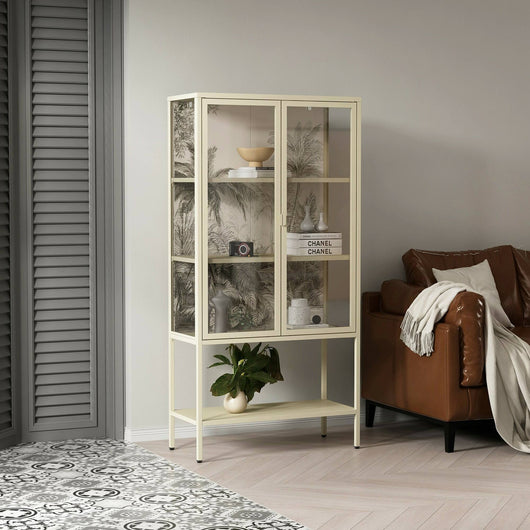 Vetrina Busseto, Credenza espositiva, Vetrinetta multiuso, Madia da soggiorno, 80x35 h160 cm, Panna