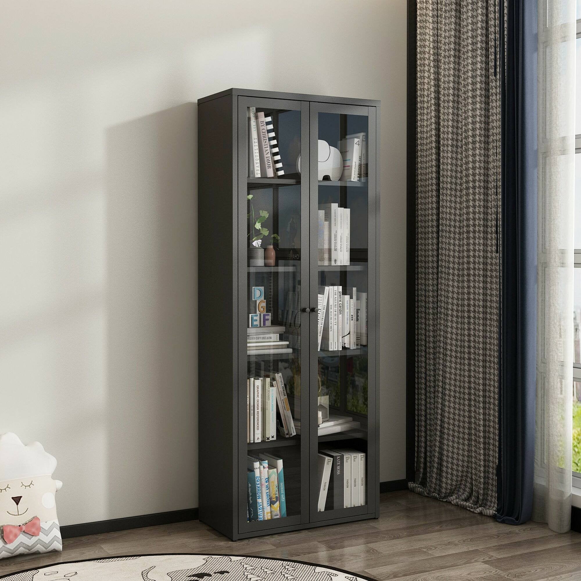 Vetrina Izano, Credenza espositiva, Vetrinetta multiuso, Madia da soggiorno, 70x35 h180 cm, Ardesia