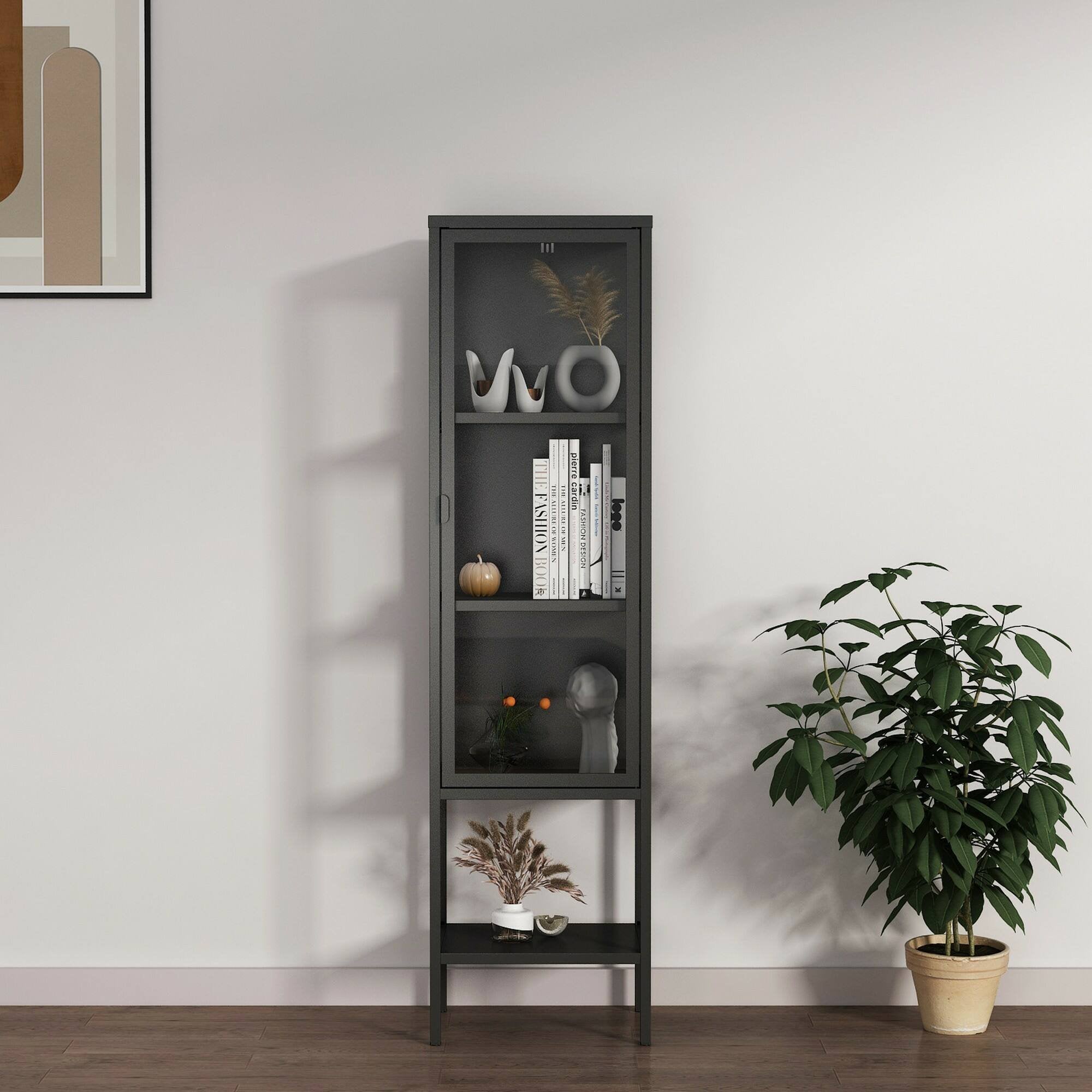 Vetrina Laces, Credenza espositiva, Vetrinetta multiuso, Madia da soggiorno, 42x35 h160 cm, Ardesia