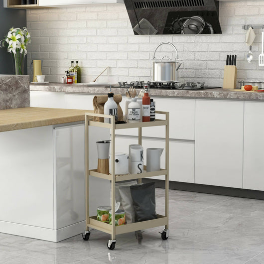 Carrello Masio, Mobiletto poggiavivande, Tavolino mobile per pranzo, Tavolino da trasporto, 43x30 h80 cm, Panna