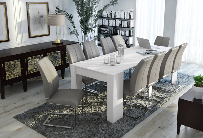 Consolle allungabile Vaelis, trasformabile in tavolo da pranzo, salvaspazio ed estensibile fino a 237 cm, 90-237x76,6x90 cm, Effetto legno bianco