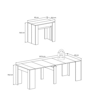 Consolle allungabile Vaelis, trasformabile in tavolo da pranzo, salvaspazio ed estensibile fino a 237 cm, 90-237x76,6x90 cm, Effetto legno bianco