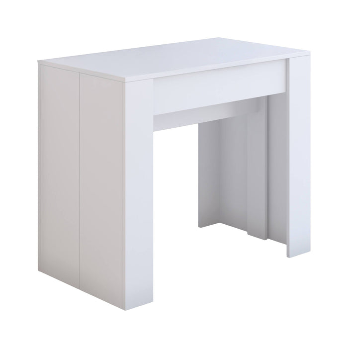 Consolle allungabile Vaelis, trasformabile in tavolo da pranzo, salvaspazio ed estensibile fino a 237 cm, 90-237x76,6x90 cm, Effetto legno bianco