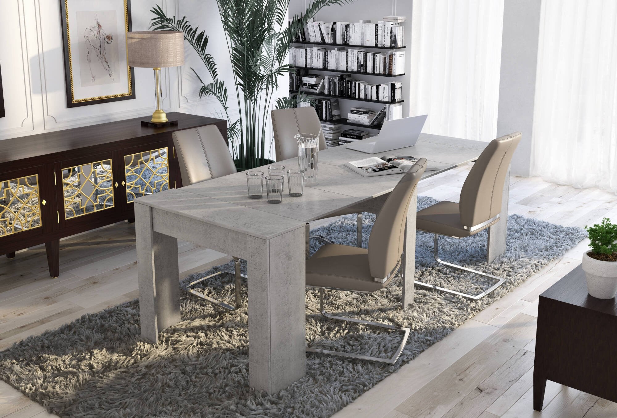 Consolle allungabile Vaelis, trasformabile in tavolo da pranzo, salvaspazio ed estensibile fino a 237 cm, 90-237x76,6x90 cm, Grigio