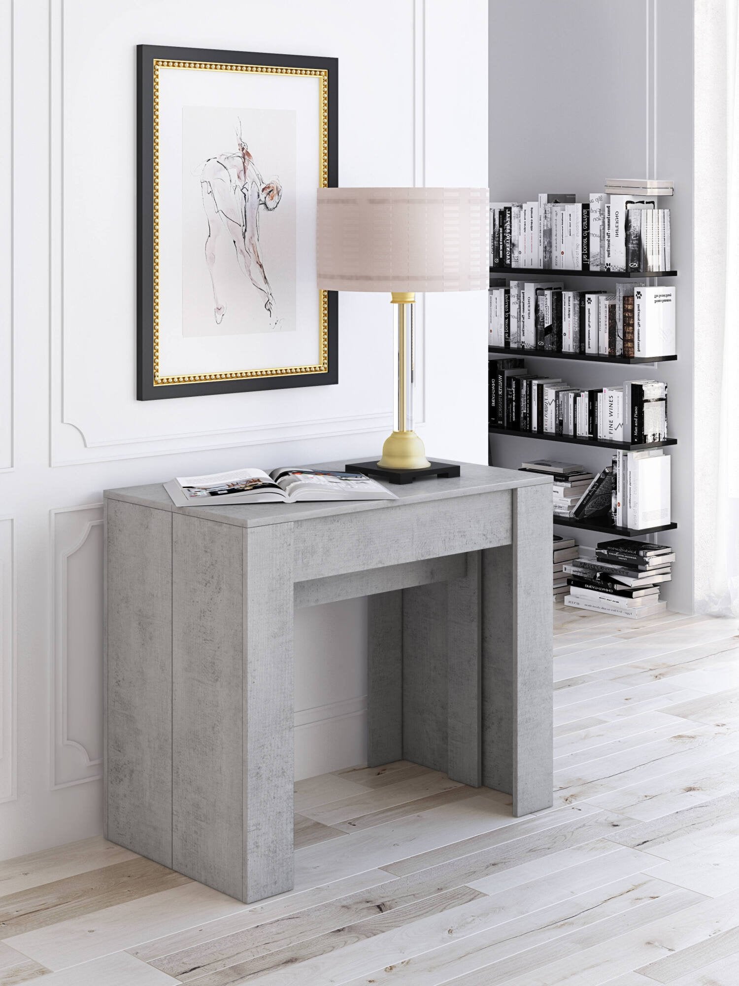 Consolle allungabile Vaelis, trasformabile in tavolo da pranzo, salvaspazio ed estensibile fino a 237 cm, 90-237x76,6x90 cm, Grigio