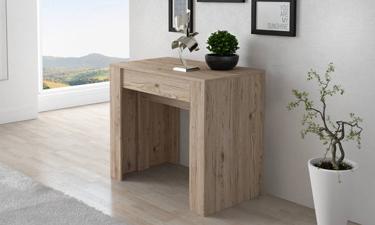 Consolle allungabile Vaelis, trasformabile in tavolo da pranzo, salvaspazio ed estensibile fino a 237 cm, 90-237x76,6x90 cm, Quercia