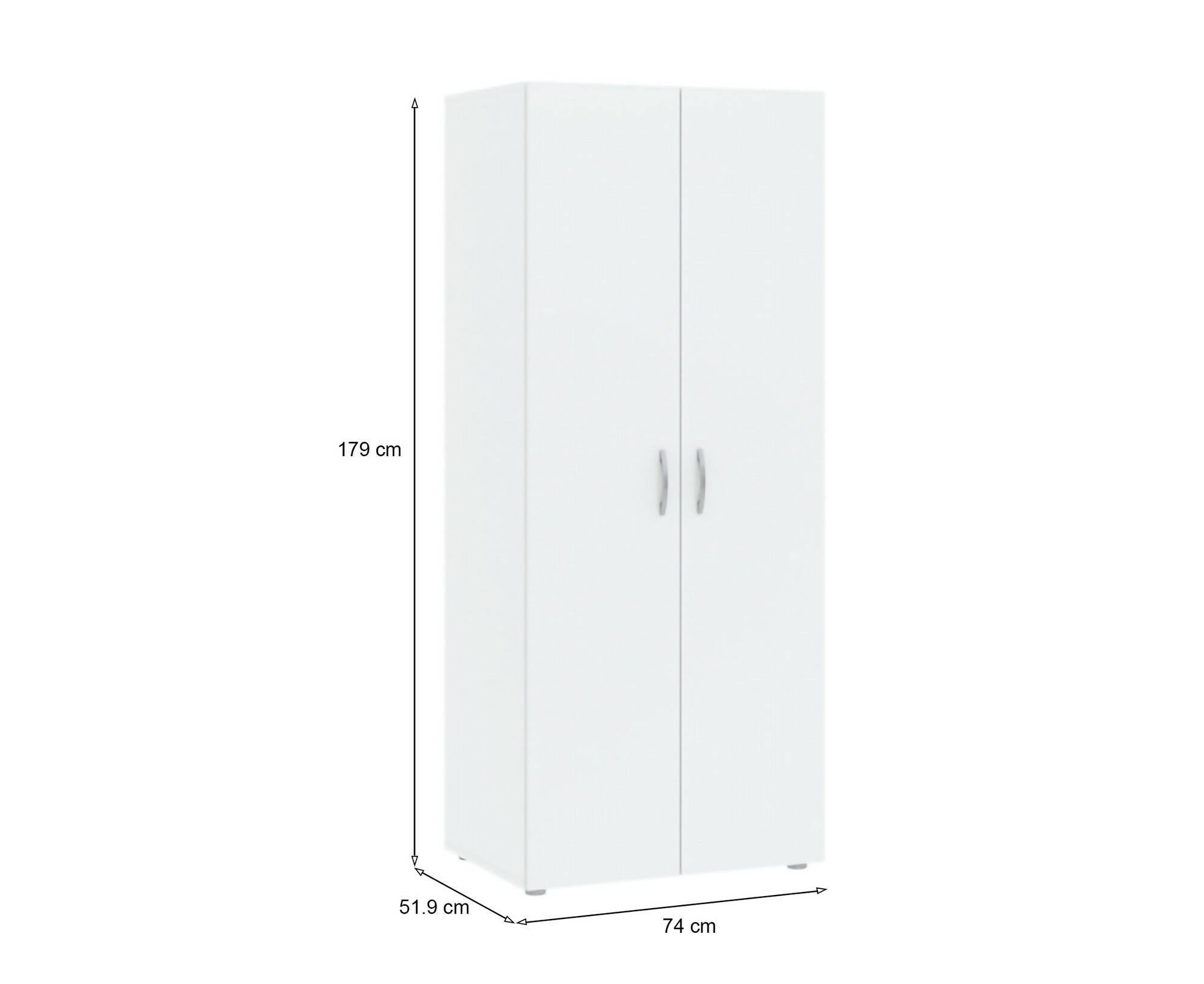 Guardaroba 2 ante Malvito, Mobile camera da letto, Cabina armadio portabiti, Armadio appendiabiti, 74x52 h179 cm, Bianco