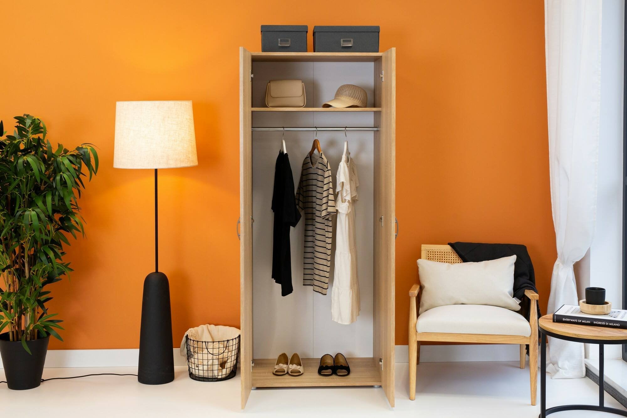 Guardaroba 2 ante Malvito, Mobile camera da letto, Cabina armadio portabiti, Armadio appendiabiti, 74x52 h179 cm, Rovere