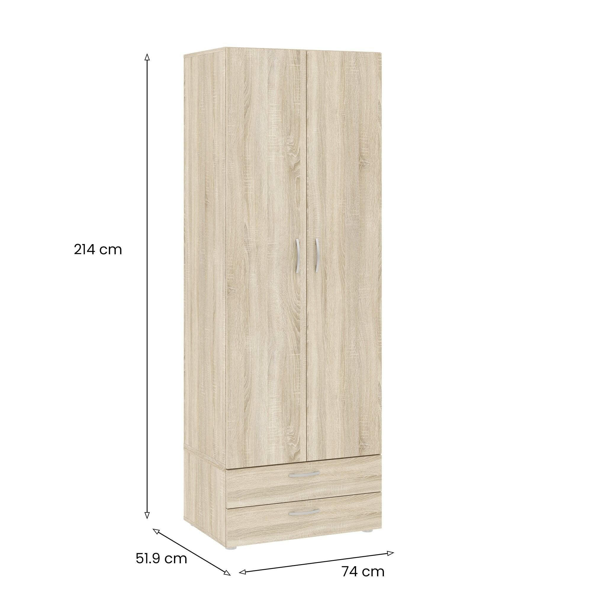 Guardaroba 2 ante Buriasco, Mobile camera da letto, Cabina armadio portabiti, Armadio appendiabiti, 74x52 h214 cm, Rovere