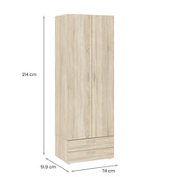 Guardaroba 2 ante Buriasco, Mobile camera da letto, Cabina armadio portabiti, Armadio appendiabiti, 74x52 h214 cm, Rovere