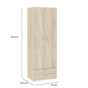 Guardaroba 2 ante Buriasco, Mobile camera da letto, Cabina armadio portabiti, Armadio appendiabiti, 74x52 h214 cm, Rovere