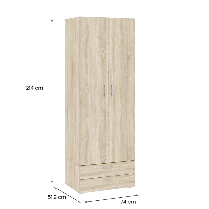 Guardaroba 2 ante Buriasco, Mobile camera da letto, Cabina armadio portabiti, Armadio appendiabiti, 74x52 h214 cm, Rovere