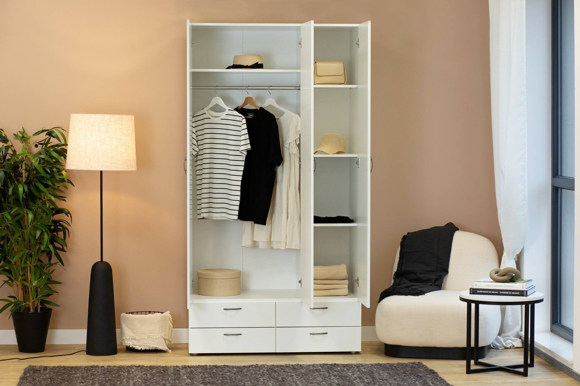 Guardaroba 3 ante Randazzo, Mobile camera da letto, Cabina armadio portabiti, Armadio appendiabiti, 111x52 h214 cm, Bianco