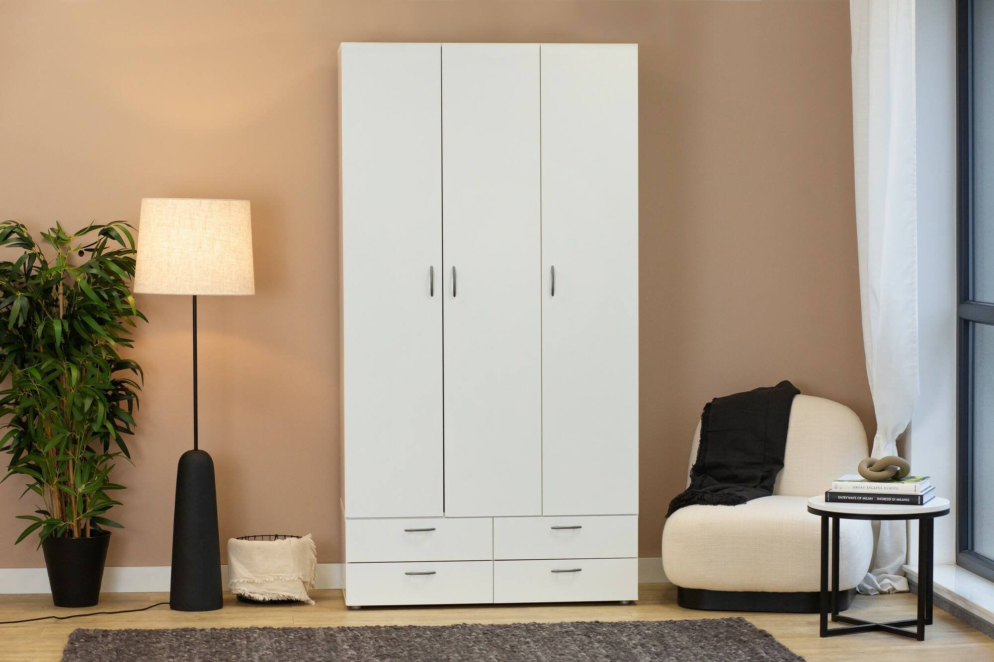 Guardaroba 3 ante Randazzo, Mobile camera da letto, Cabina armadio portabiti, Armadio appendiabiti, 111x52 h214 cm, Bianco