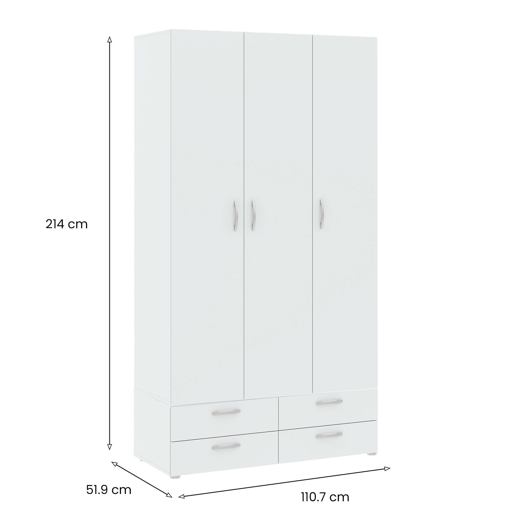 Guardaroba 3 ante Randazzo, Mobile camera da letto, Cabina armadio portabiti, Armadio appendiabiti, 111x52 h214 cm, Bianco