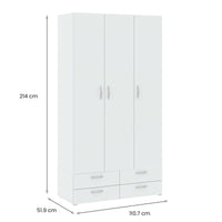 Guardaroba 3 ante Randazzo, Mobile camera da letto, Cabina armadio portabiti, Armadio appendiabiti, 111x52 h214 cm, Bianco