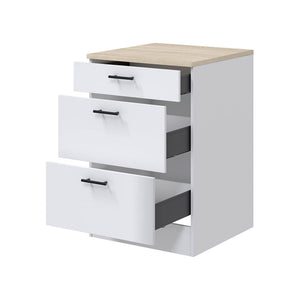 Mobile 3 cassetti Sirea, Cassettiera da cucina, Modulo contenitore con cassetti, Base con cassetti estraibili, 60x60 h90 cm, Bianco e Rovere