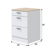 Mobile 3 cassetti Sirea, Cassettiera da cucina, Modulo contenitore con cassetti, Base con cassetti estraibili, 60x60 h90 cm, Bianco e Rovere