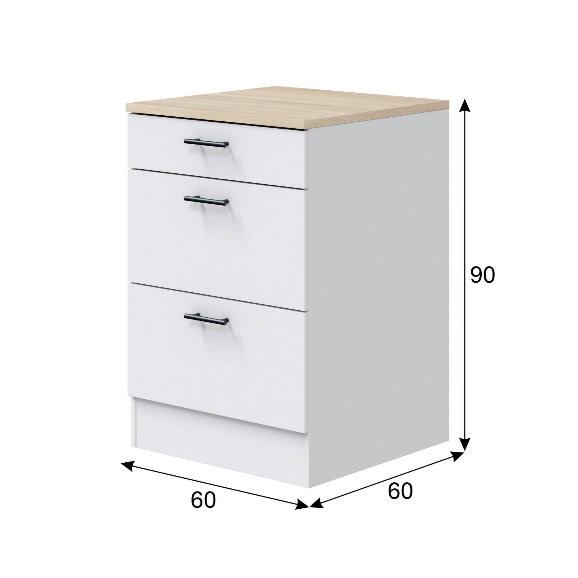 Mobile 3 cassetti Sirea, Cassettiera da cucina, Modulo contenitore con cassetti, Base con cassetti estraibili, 60x60 h90 cm, Bianco e Rovere