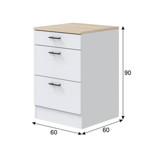 Mobile 3 cassetti Sirea, Cassettiera da cucina, Modulo contenitore con cassetti, Base con cassetti estraibili, 60x60 h90 cm, Bianco e Rovere