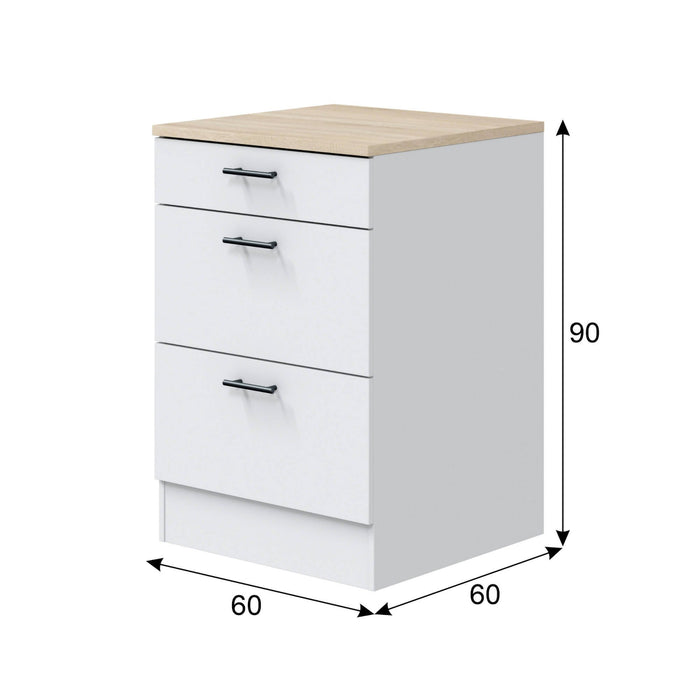 Mobile 3 cassetti Sirea, Cassettiera da cucina, Modulo contenitore con cassetti, Base con cassetti estraibili, 60x60 h90 cm, Bianco e Rovere