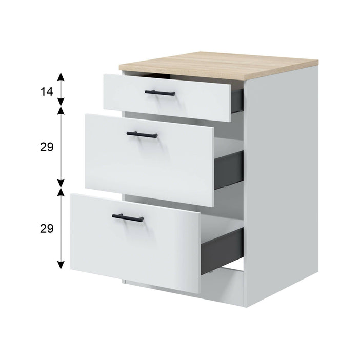 Mobile 3 cassetti Sirea, Cassettiera da cucina, Modulo contenitore con cassetti, Base con cassetti estraibili, 60x60 h90 cm, Bianco e Rovere
