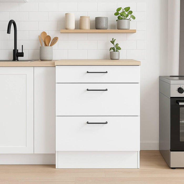 Mobile 3 cassetti Sirea, Cassettiera da cucina, Modulo contenitore con cassetti, Base con cassetti estraibili, 60x60 h90 cm, Bianco e Rovere