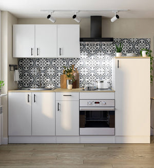 Cucina completa Telinea, Composizione cucina moderna, Set cucina componibile, Soluzione cucina funzionale, Bianco e Rovere