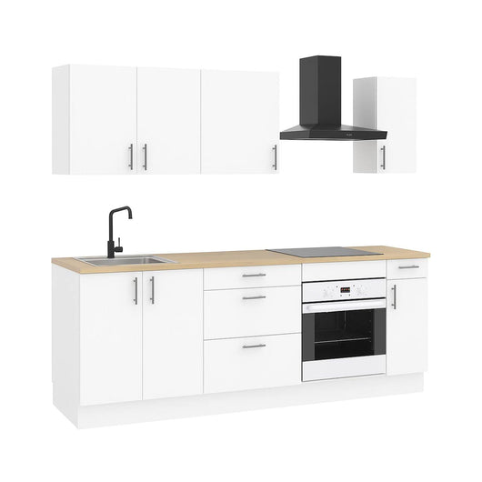 Cucina completa Silphora, Composizione cucina moderna, Set cucina componibile, Soluzione cucina funzionale, Bianco e Rovere